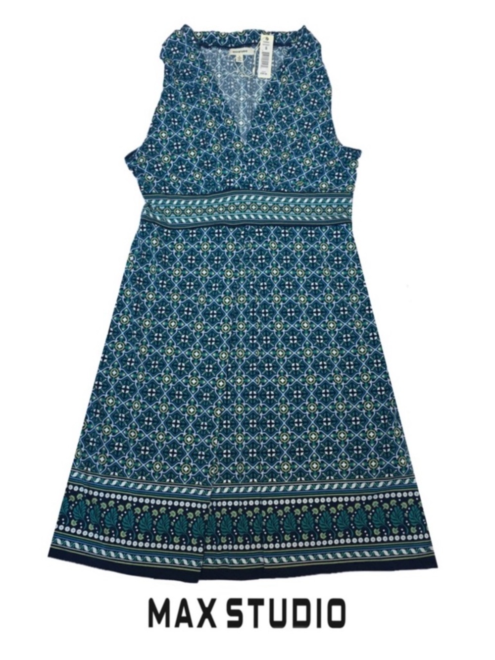 Max Studio Sleeveless Sun Dress, Navy, Greens White & Black Geo Print, Sz S, NWT
